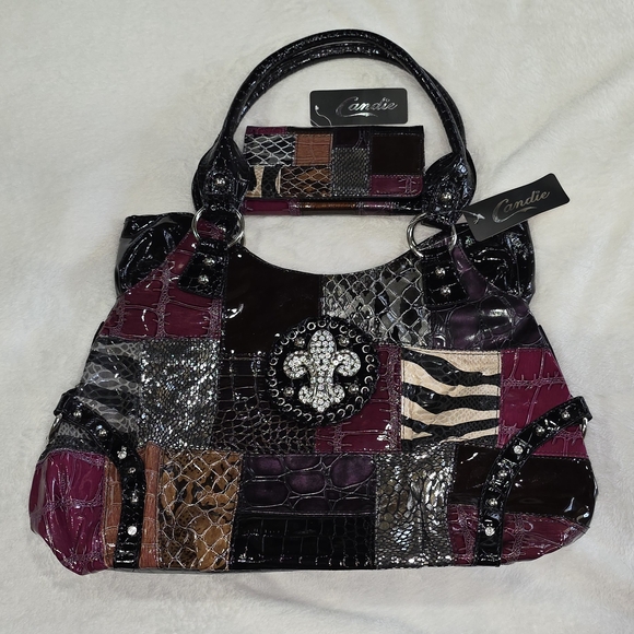 Candie's  Multi-Color Patchwork Women's Bag With Wallet Set Bundle Zebra snake - Picture 1 of 9
